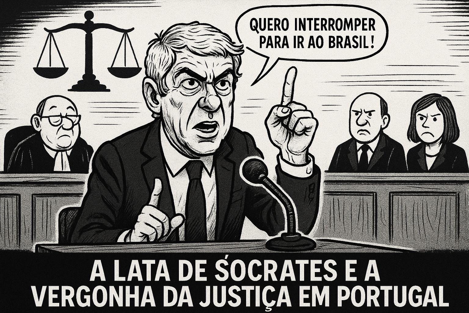 Cartoon satírico: arguido pede pausa no tribunal para viajar ao Brasil