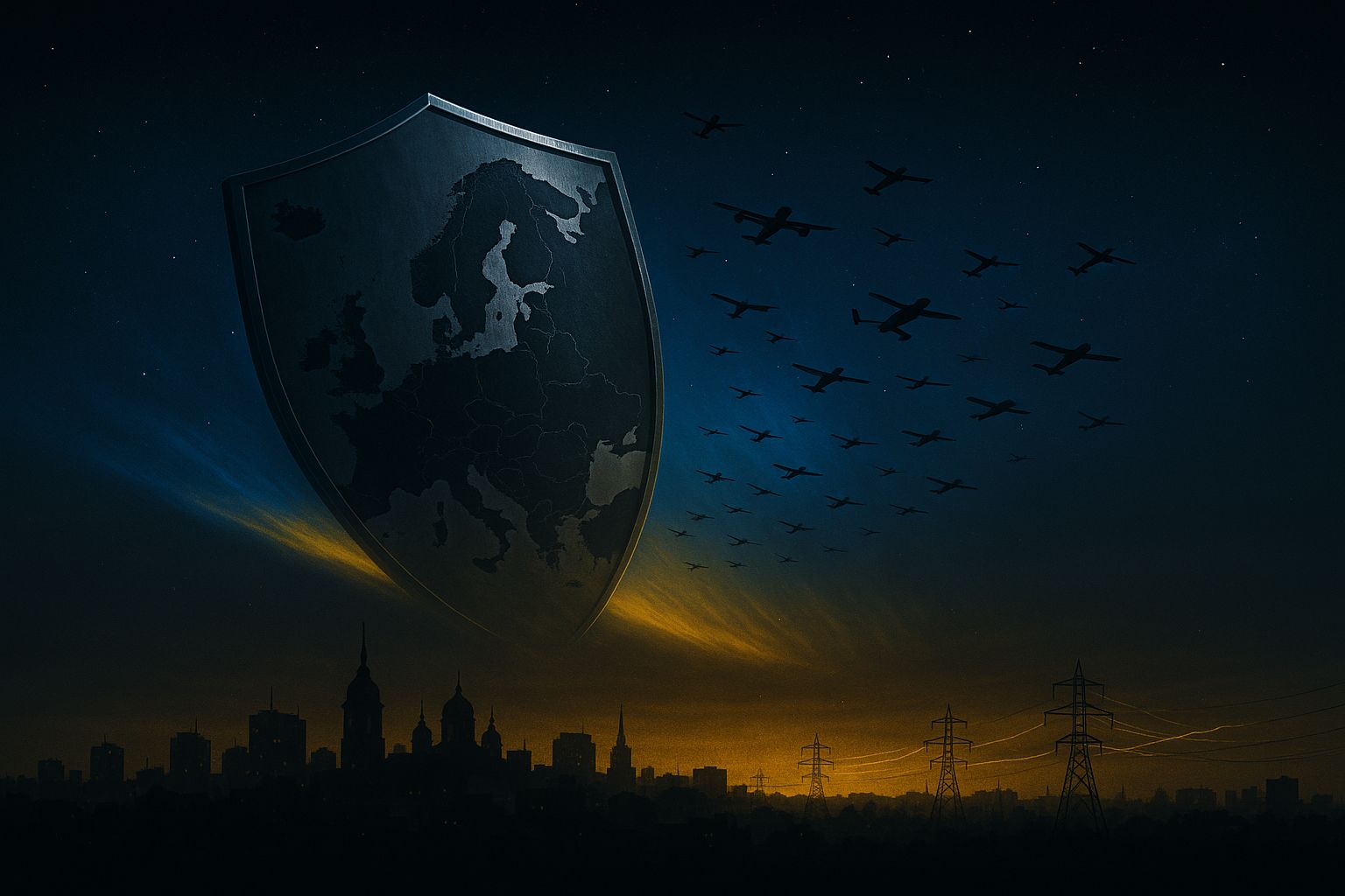 Noite em Kyiv com drones ao longe e um escudo europeu estilizado sobre a cidade