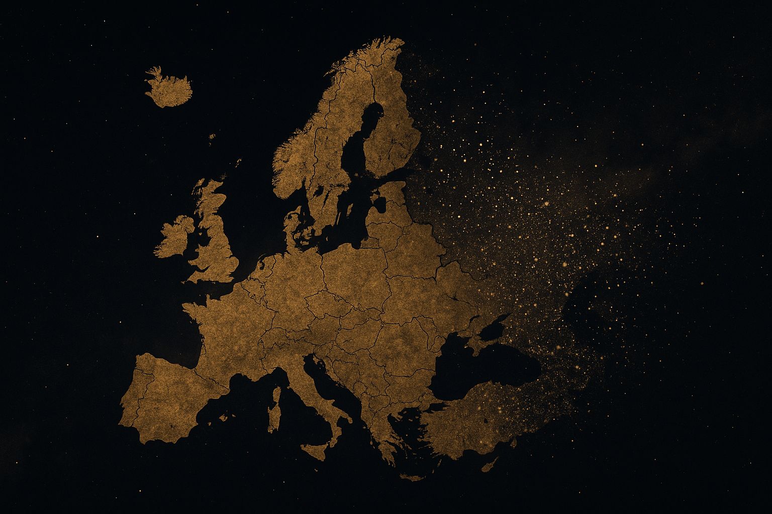 Mapa da Europa a desintegrar-se em poeira dourada sobre o fundo negro do cosmos