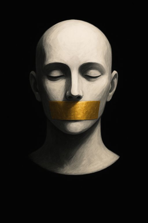 Rosto de uma pessoa com fita adesiva sobre a boca — símbolo do silêncio imposto