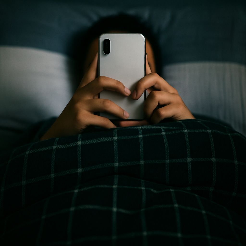 Pessoa a usar telemóvel na cama