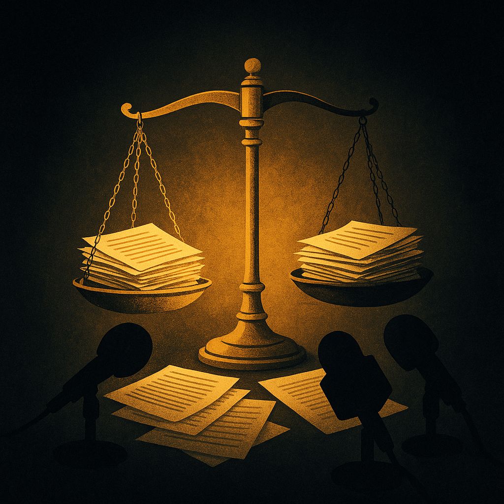 Estátua da Justiça coberta de pó num tribunal em penumbra