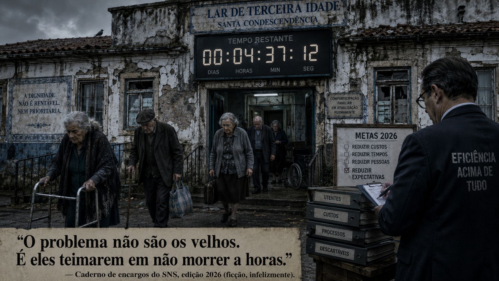 Idosos a sair de um lar degradado com um relógio a contar