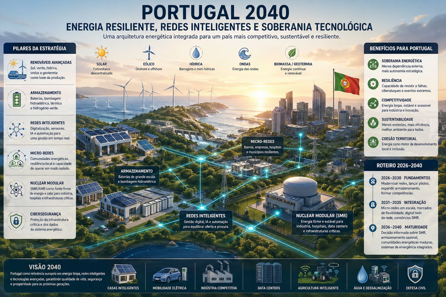 Pequeno reator modular num cenário industrial ao lado de painéis solares e turbinas eólicas
