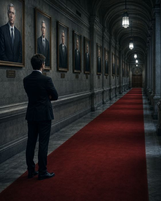 Políticos de fato em corredor de parlamento vazio