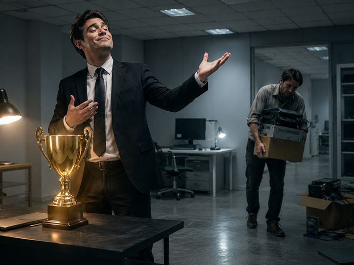 Vendedor de ilusões tecnológicas com troféu vazio