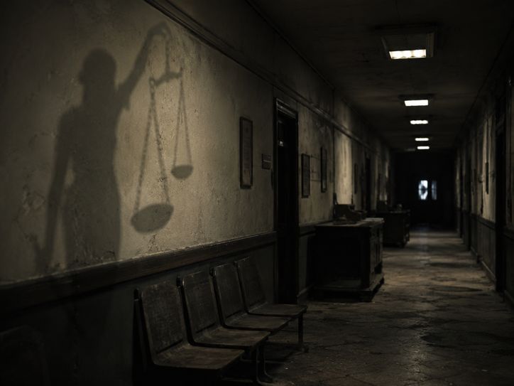 Sombra de uma balança da justiça desequilibrada projetada num tribunal vazio