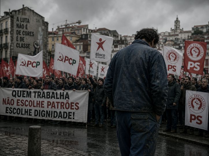 Manifestação sindical com cartazes de partidos políticos