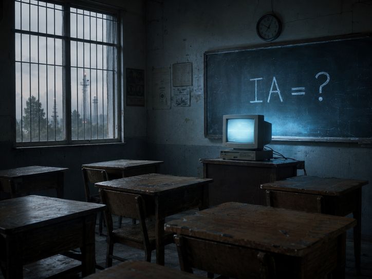 Aluno a olhar para um ecrã com IA, sala de aula vazia ao fundo