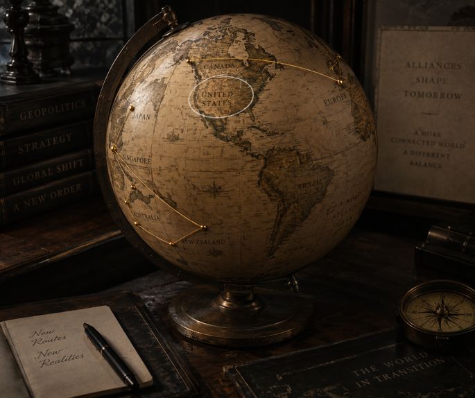 Mapa-múndi com os Estados Unidos isolados por um círculo