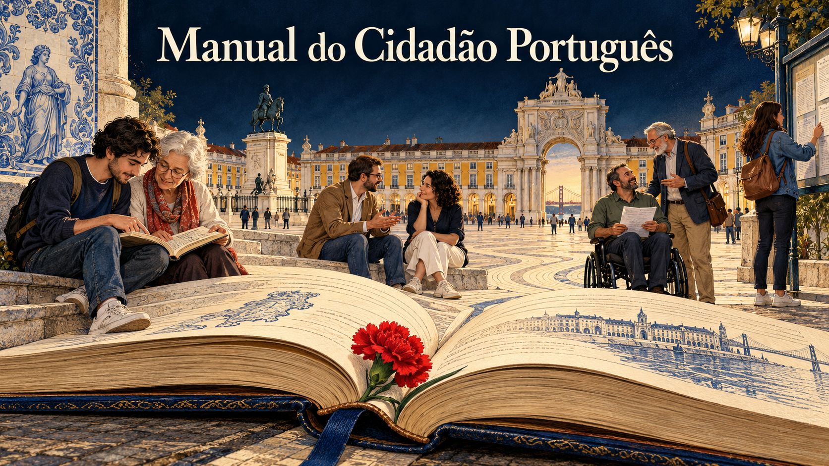 Capa do Manual do Cidadão Português: um cravo vermelho nasce de um livro aberto diante de uma praça com cidadãos.