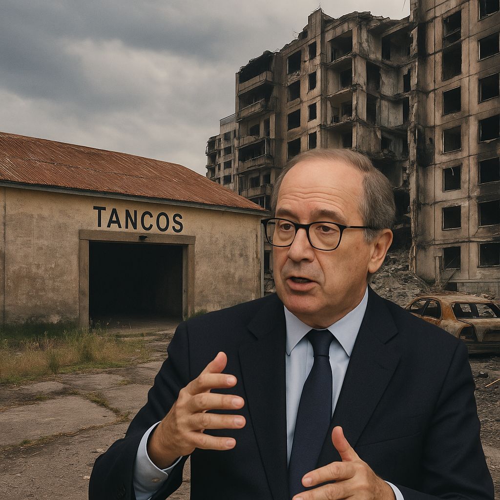 Montagem visual: paiol de Tancos e prédios destruídos em Kiev