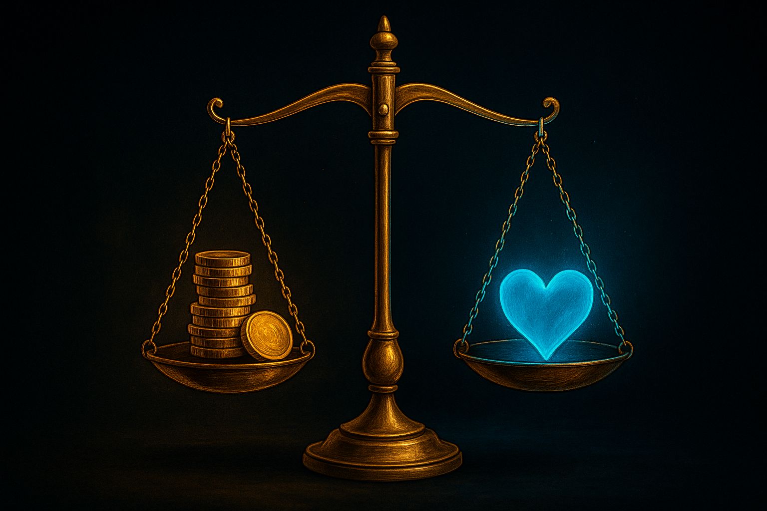 Balança dourada com moedas e consciência