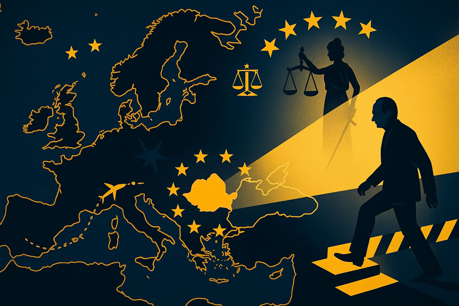 Putin chega à Europa sob a sombra da Justiça Internacional, com Budapeste em foco num mapa europeu.