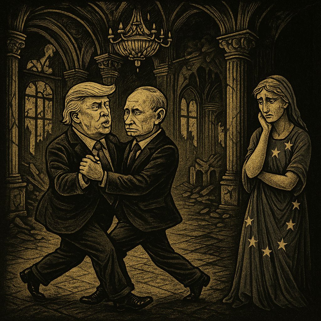 Caricatura satírica: Putin, Trump e a Europa dançando num salão dourado em ruínas