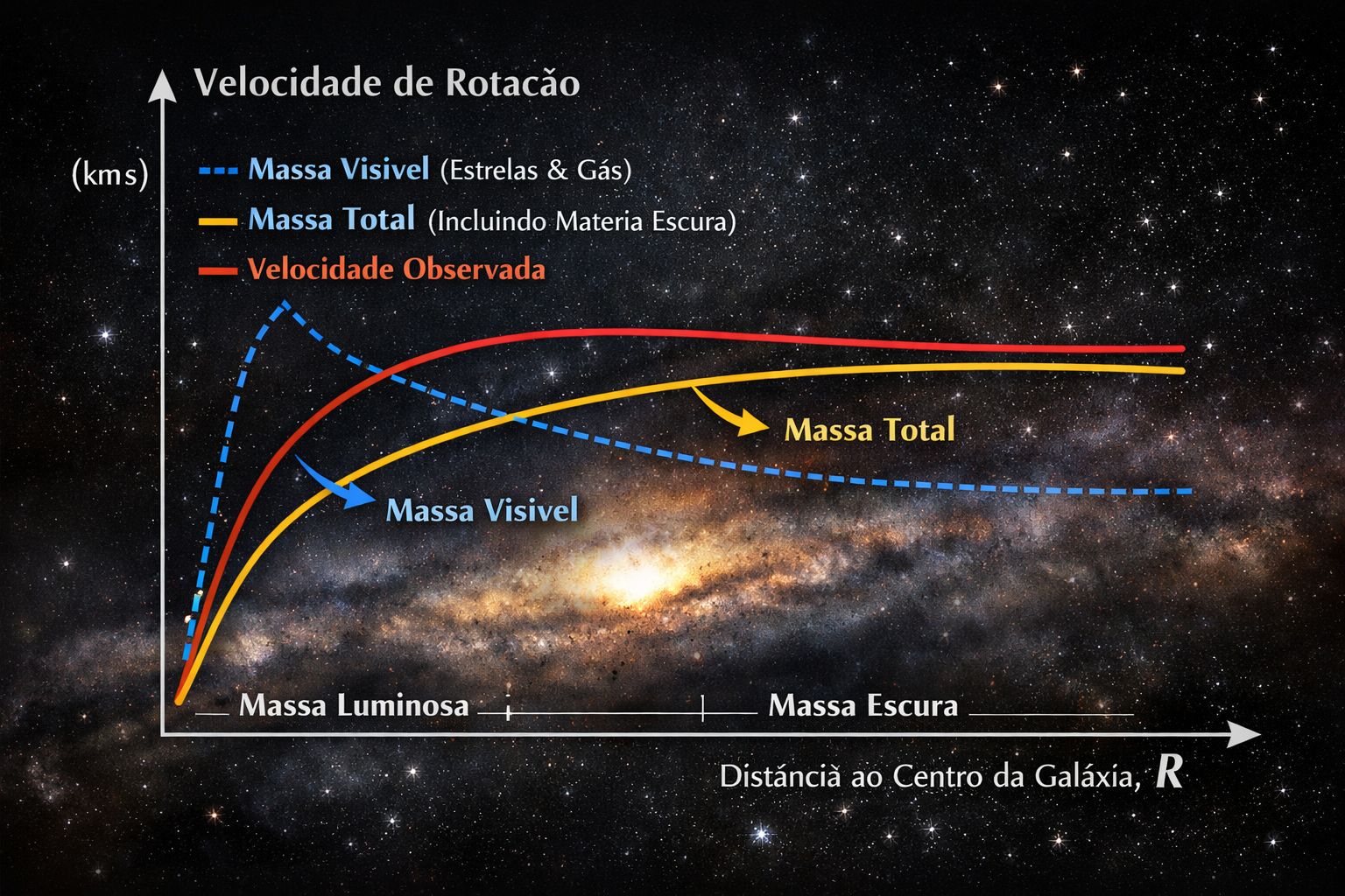 Diagrama ilustrativo de curva de rotação galáctica: massa visível vs massa total