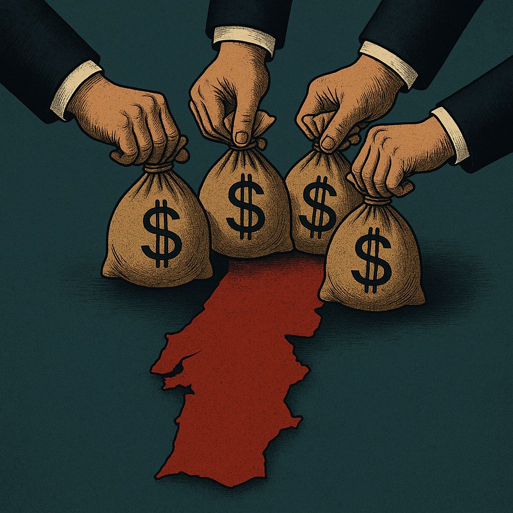 Mãos de executivos a segurarem sacos de dinheiro sobre o mapa de Portugal