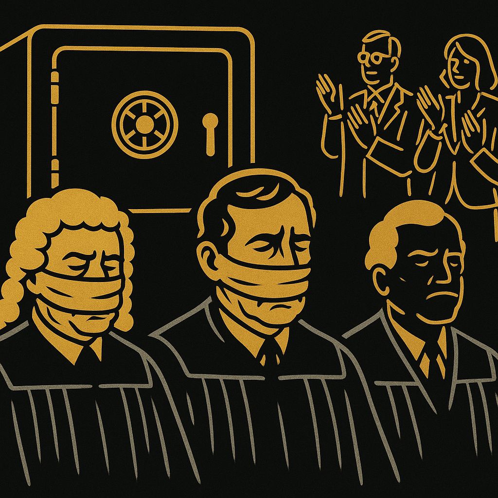 Caricatura satírica de juízes amordaçados perante cofres dourados