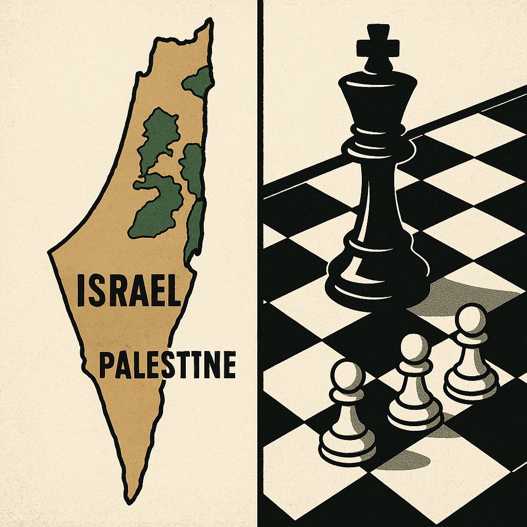 Mapa Israel–Palestina e tabuleiro de xadrez desigual