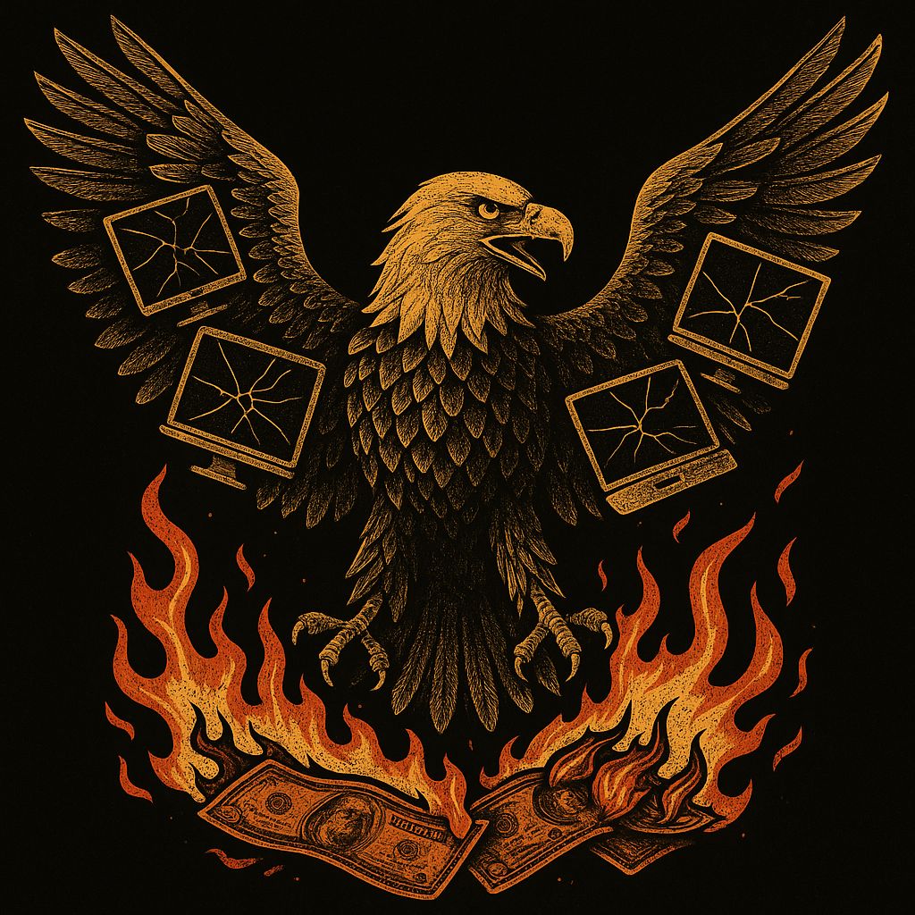 Caricatura simbólica: águia americana composta de ecrãs partidos e notas queimadas