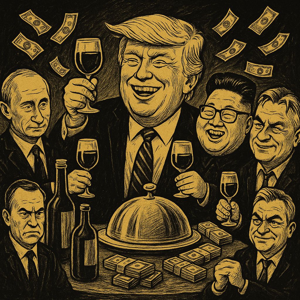 Caricatura satírica: Trump, Putin e Kim Jong-un brindando num banquete dourado
