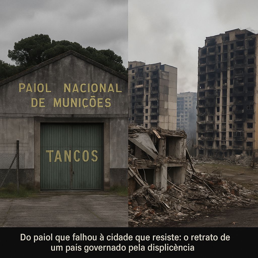 Montagem visual: paiol de Tancos e prédios destruídos em Kiev