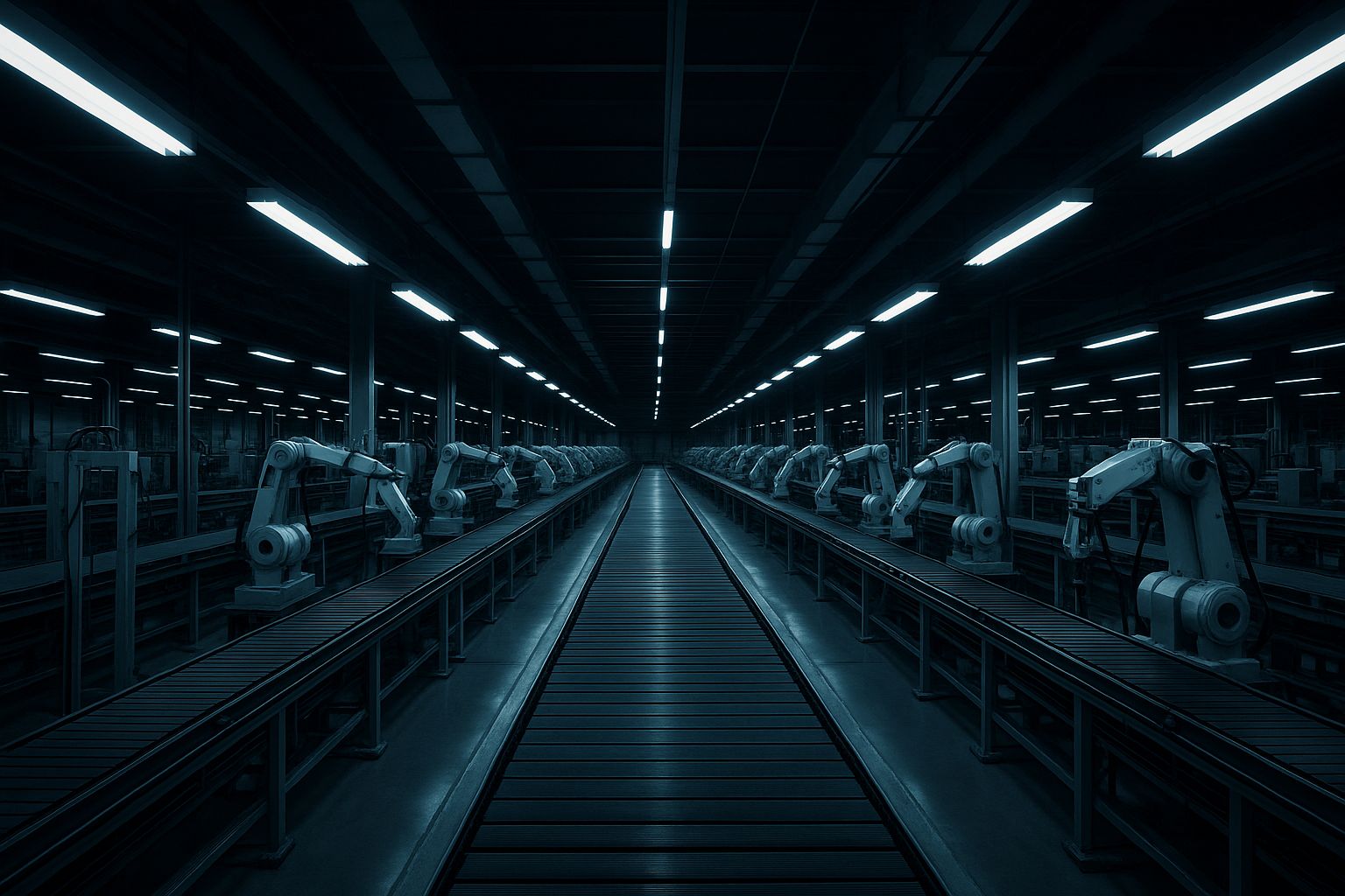 Linha de montagem parada sob luz fria de néon