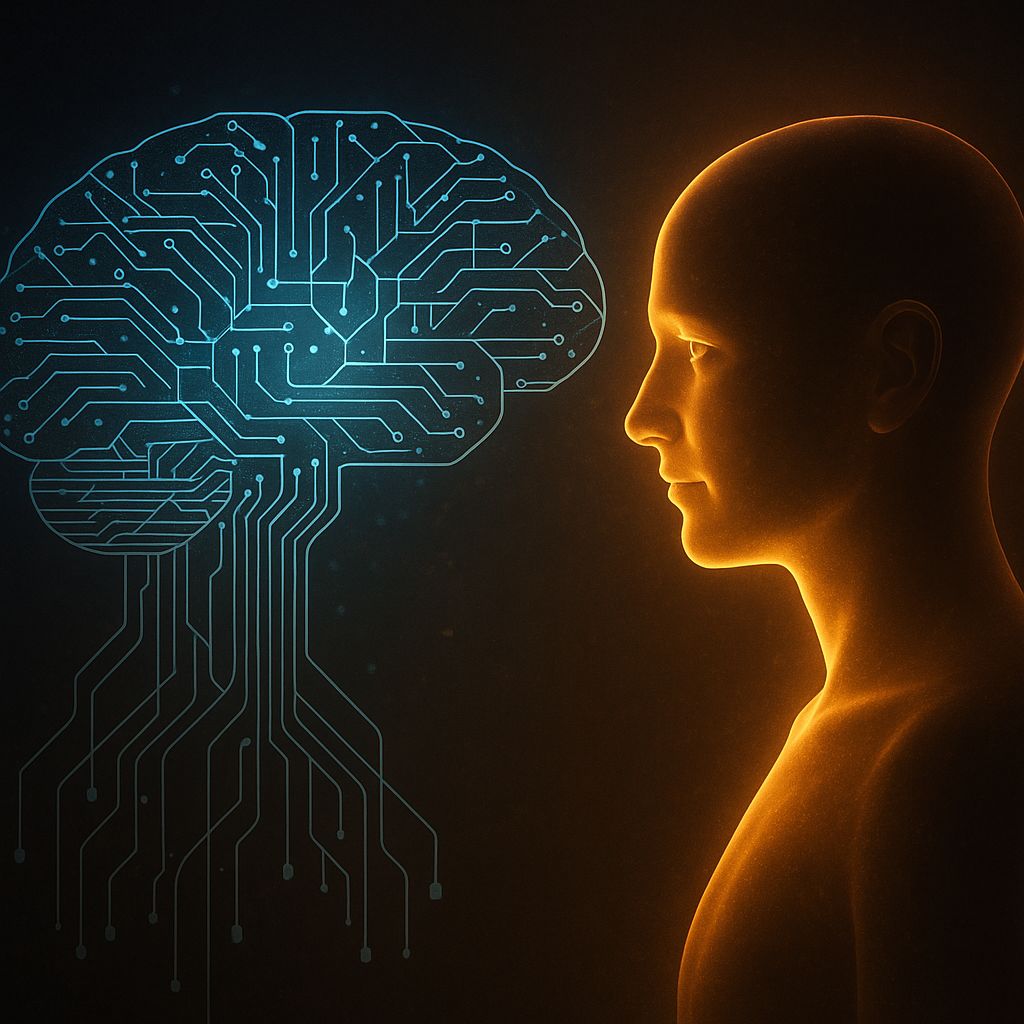 Ilustração de um humanoide de luz diante de um cérebro digital