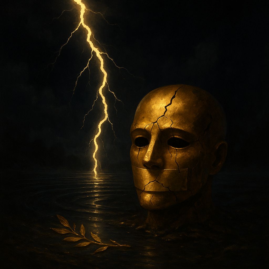 Relâmpago sobre charco estagnado e máscara dourada rachada