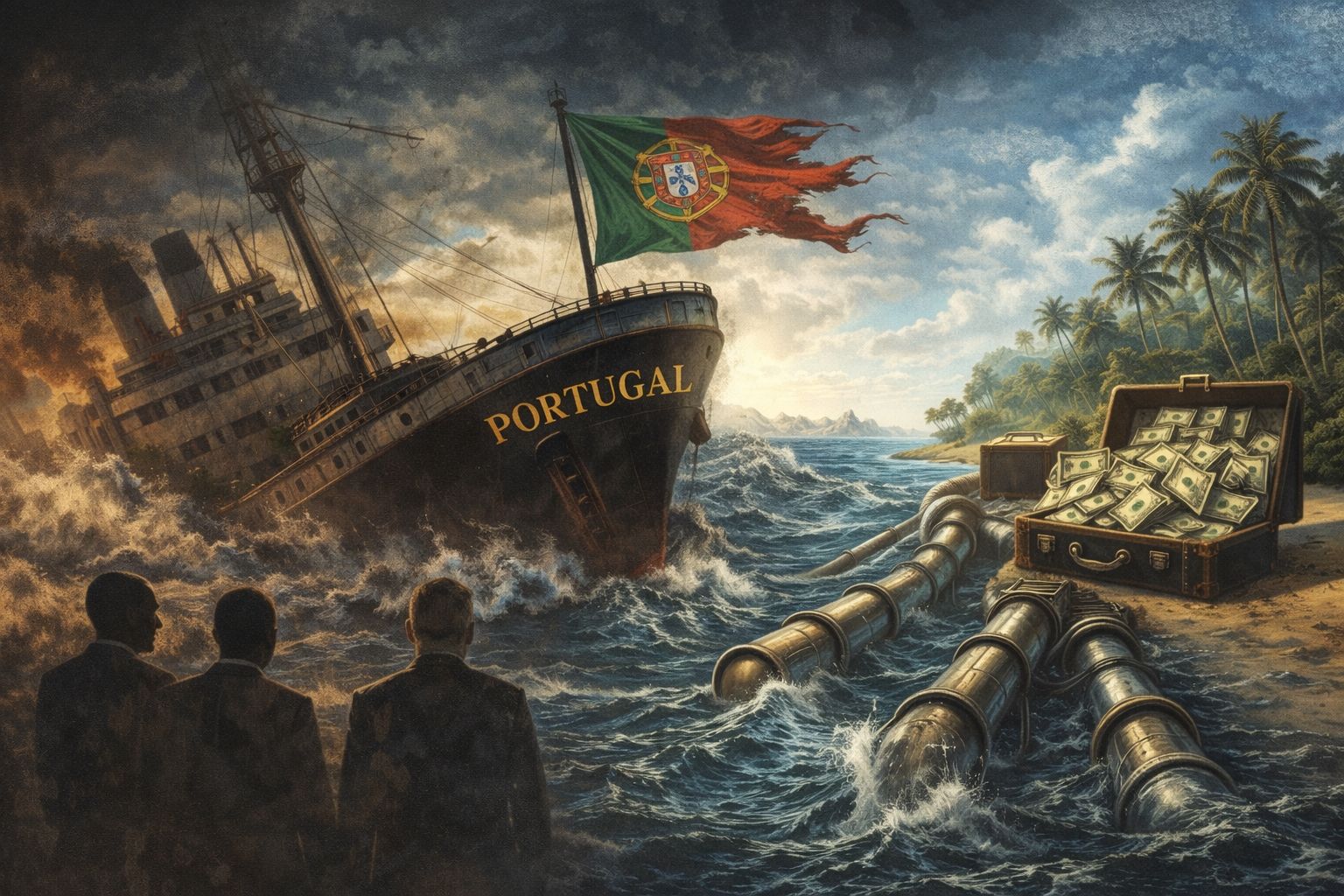 Ilustração crítica sobre o desaire financeiro e moral de Portugal: navio a afundar e riqueza a escoar para offshores