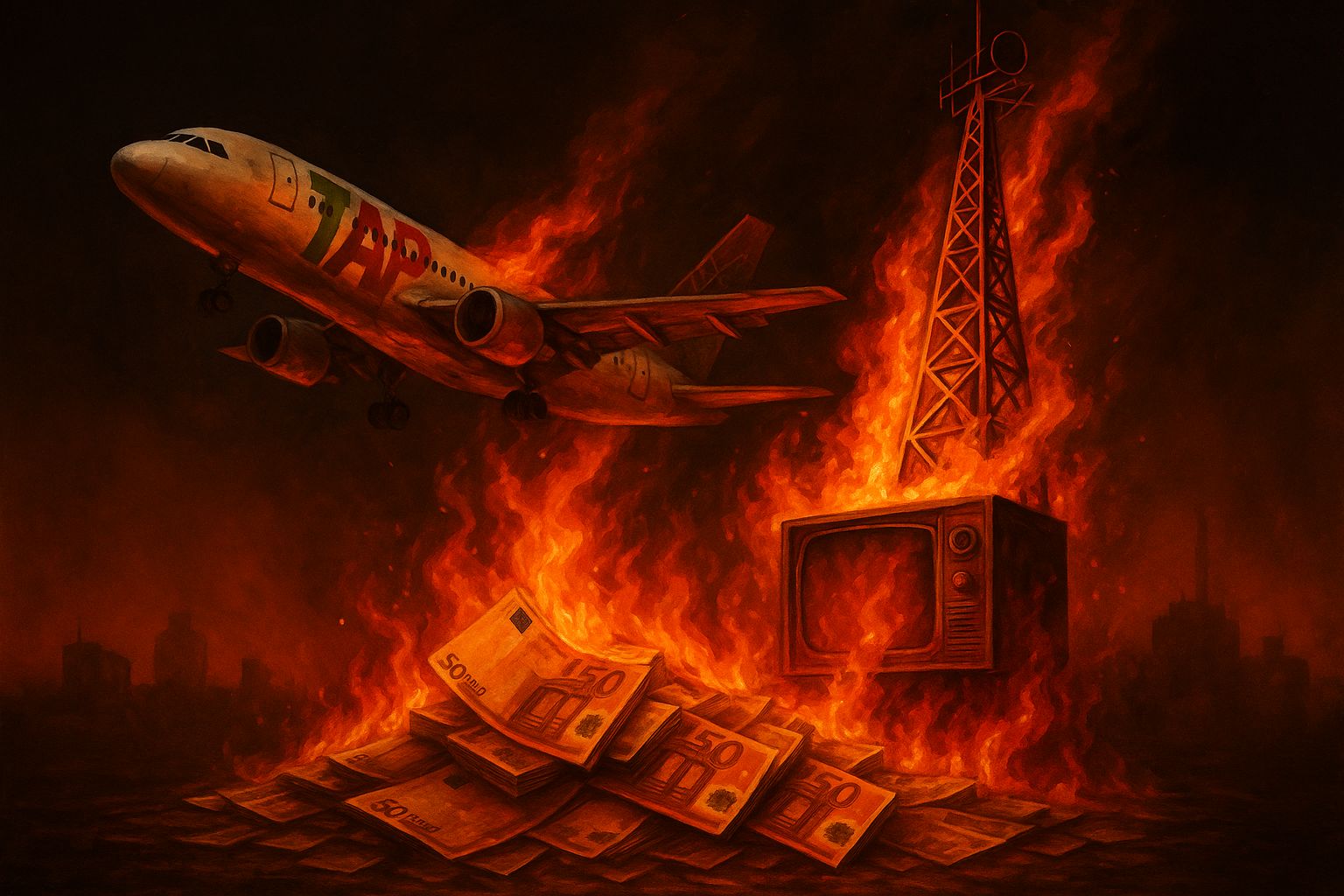 Dinheiro público a arder — símbolo da RTP e TAP