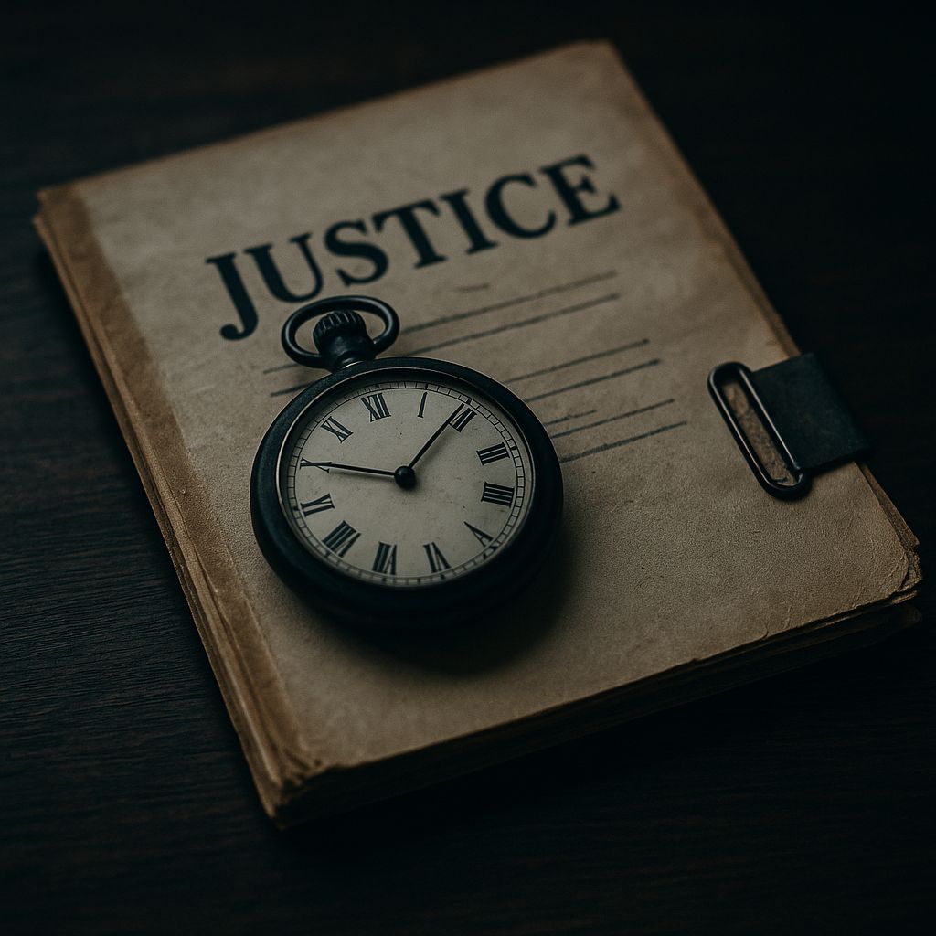 Relógio parado sobre um processo judicial — símbolo da justiça adiada