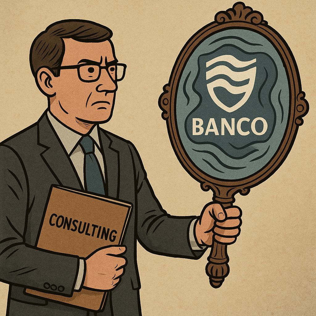 Consultor a segurar espelho distorcido com logótipo de banco