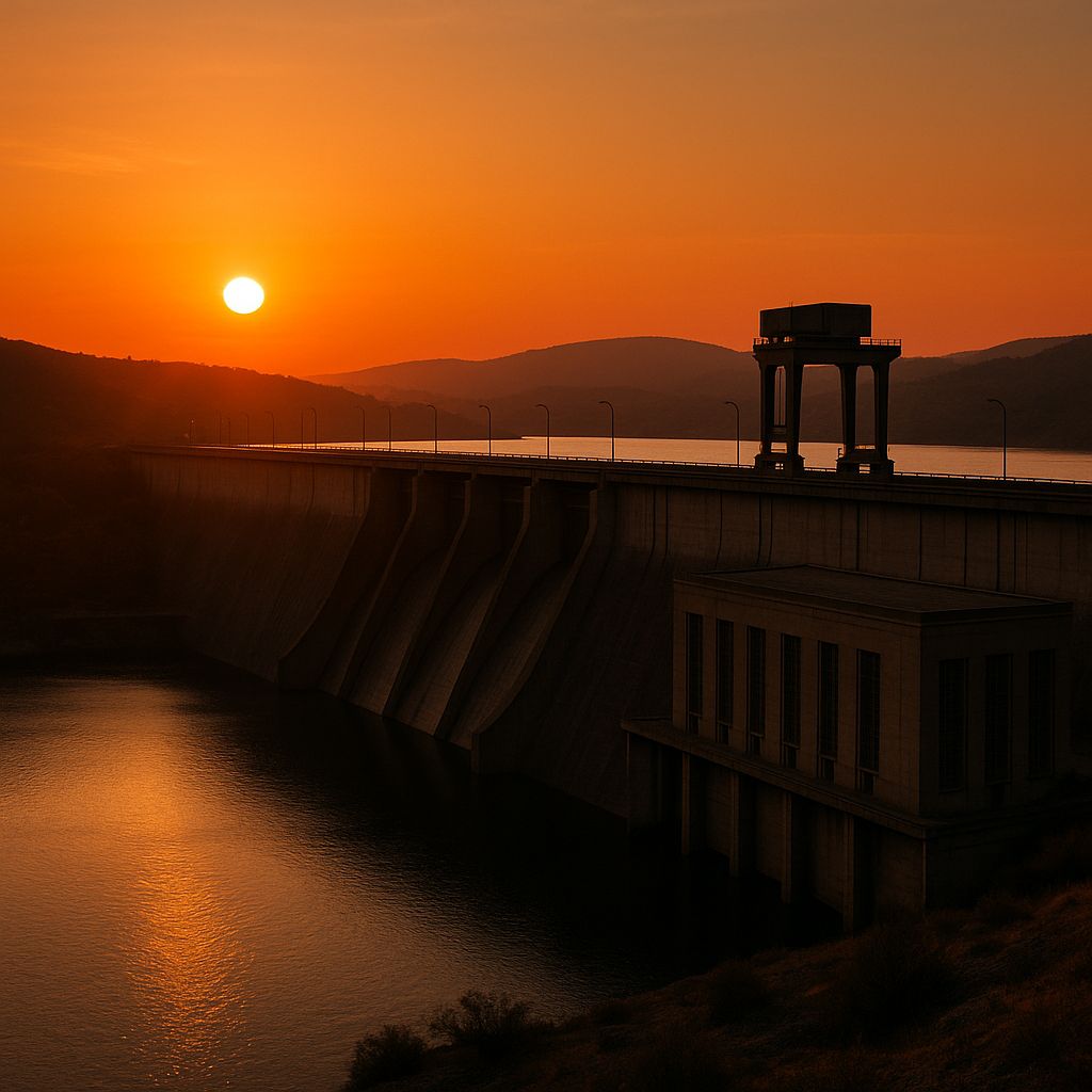 Barragem transmontana ao pôr do sol