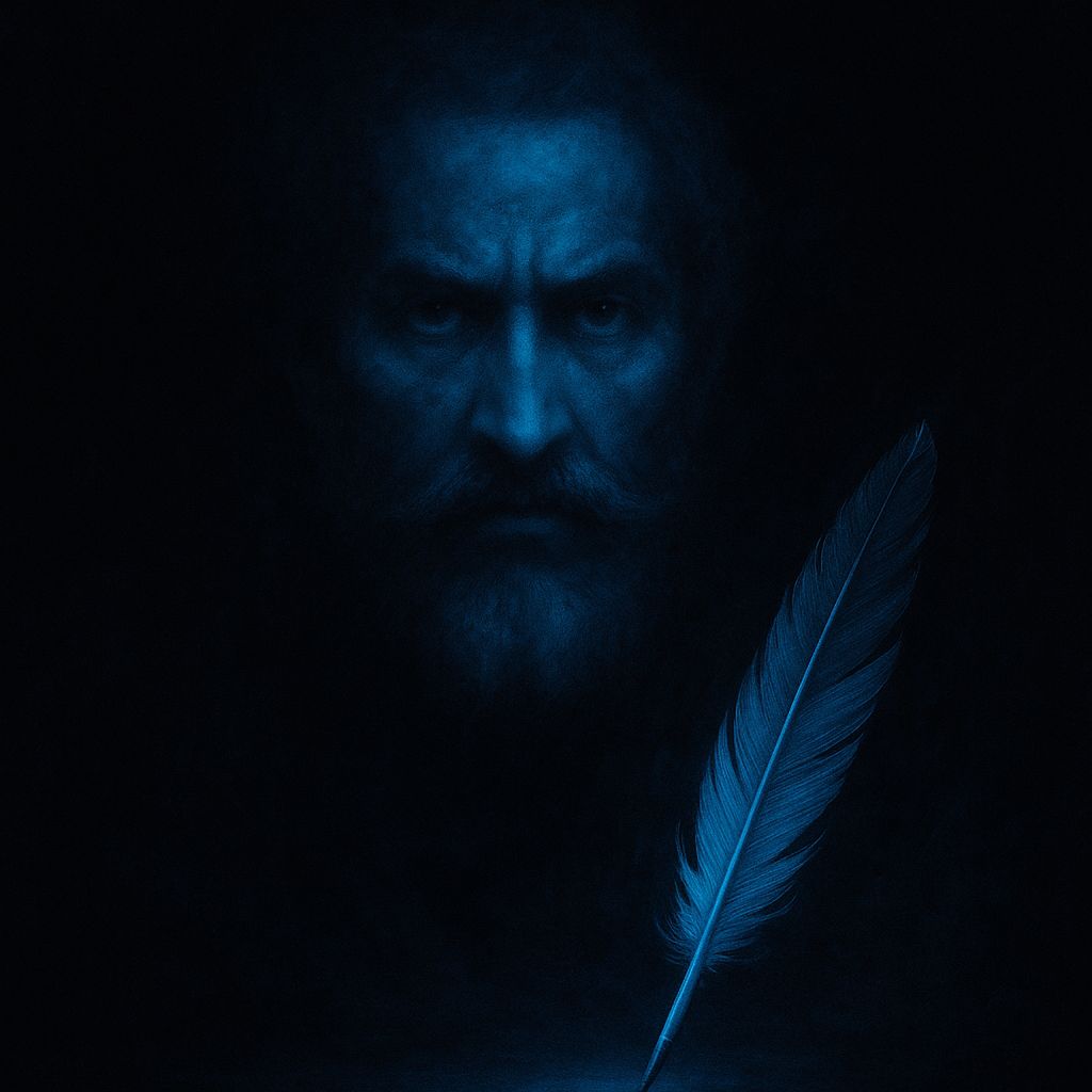 Pena dourada em chamas — símbolo da língua corrompida