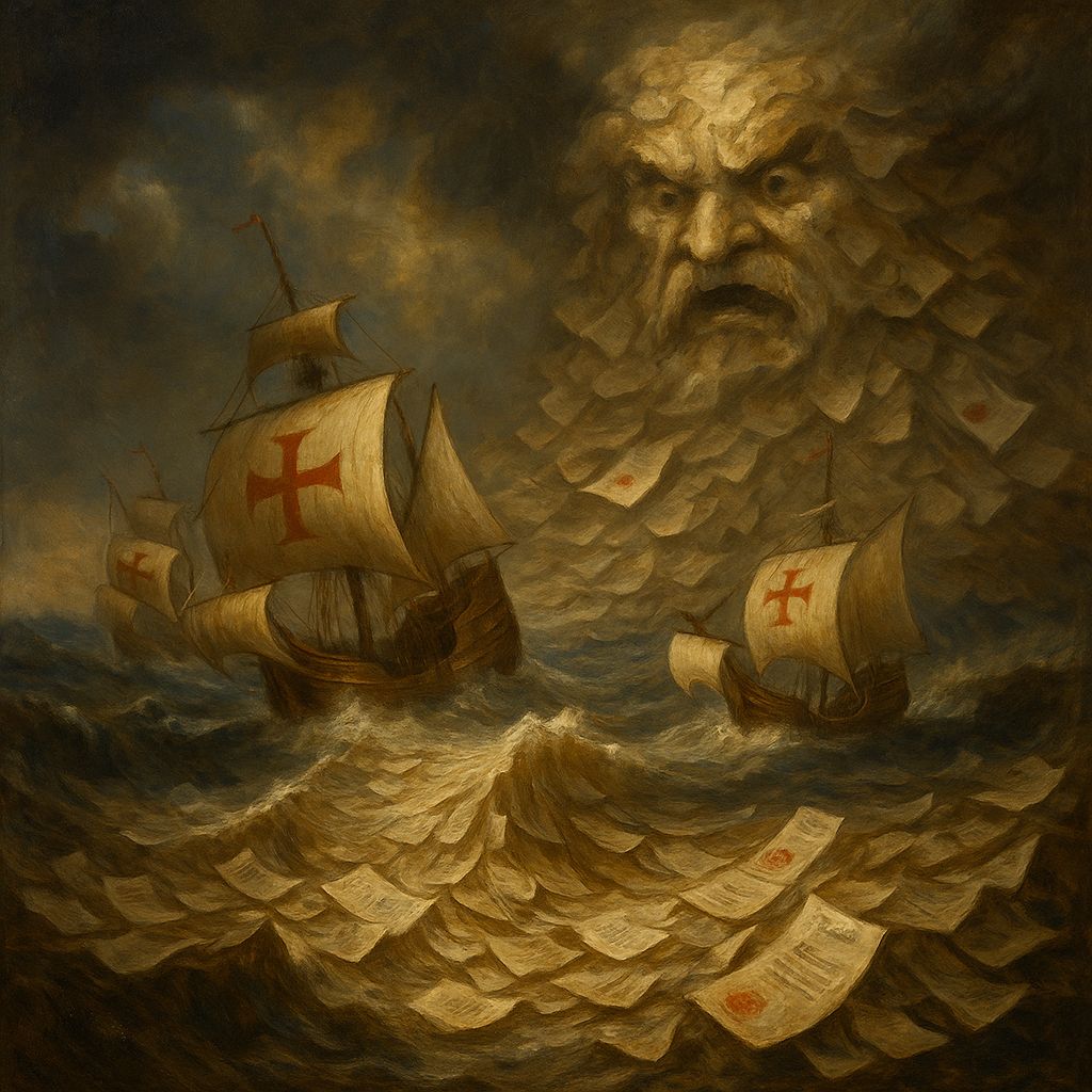 Caravelas portuguesas a lutar num mar de papelada, sob o Adamastor-burocracia
